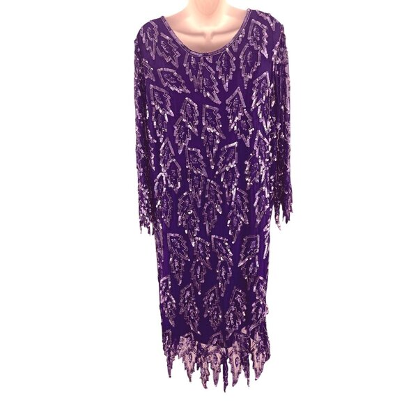 Carina Vintage Sequin Embellished Asymmetrical Silk Dress Size L Formal Event - Picture 6 of 9